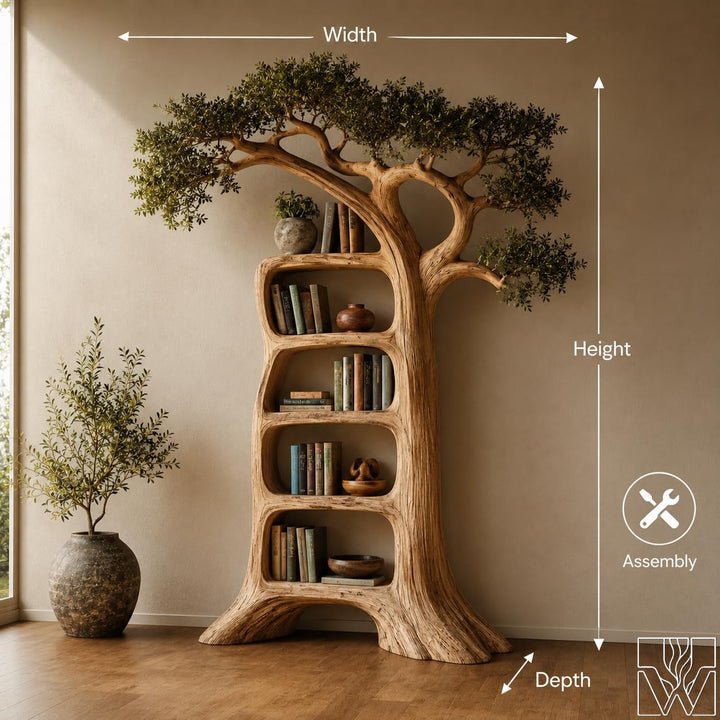 Rustic Solid Wood Tree Bookshelf, Tree-Inspired Silhouette