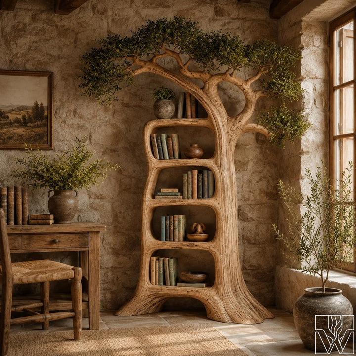 Rustic Solid Wood Tree Bookshelf, Tree-Inspired Silhouette