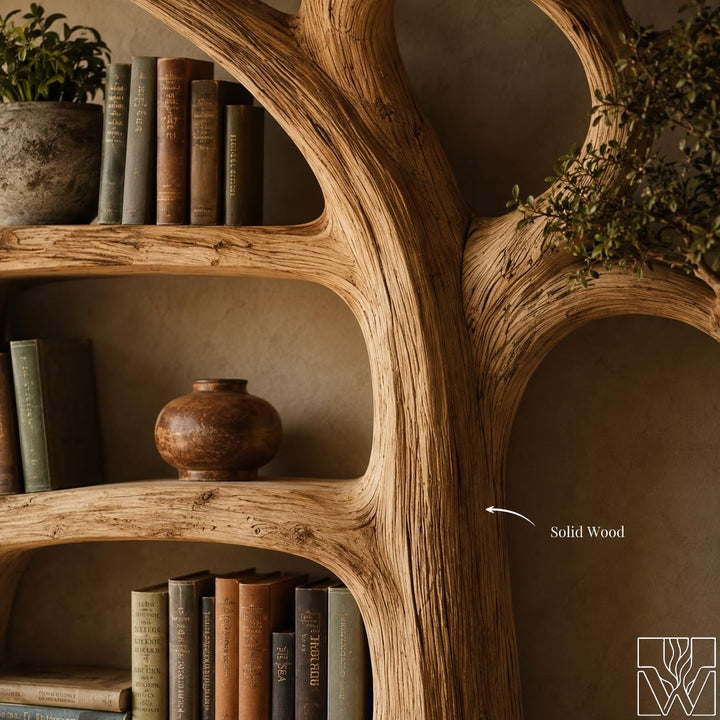Rustic Solid Wood Tree Bookshelf, Tree-Inspired Silhouette
