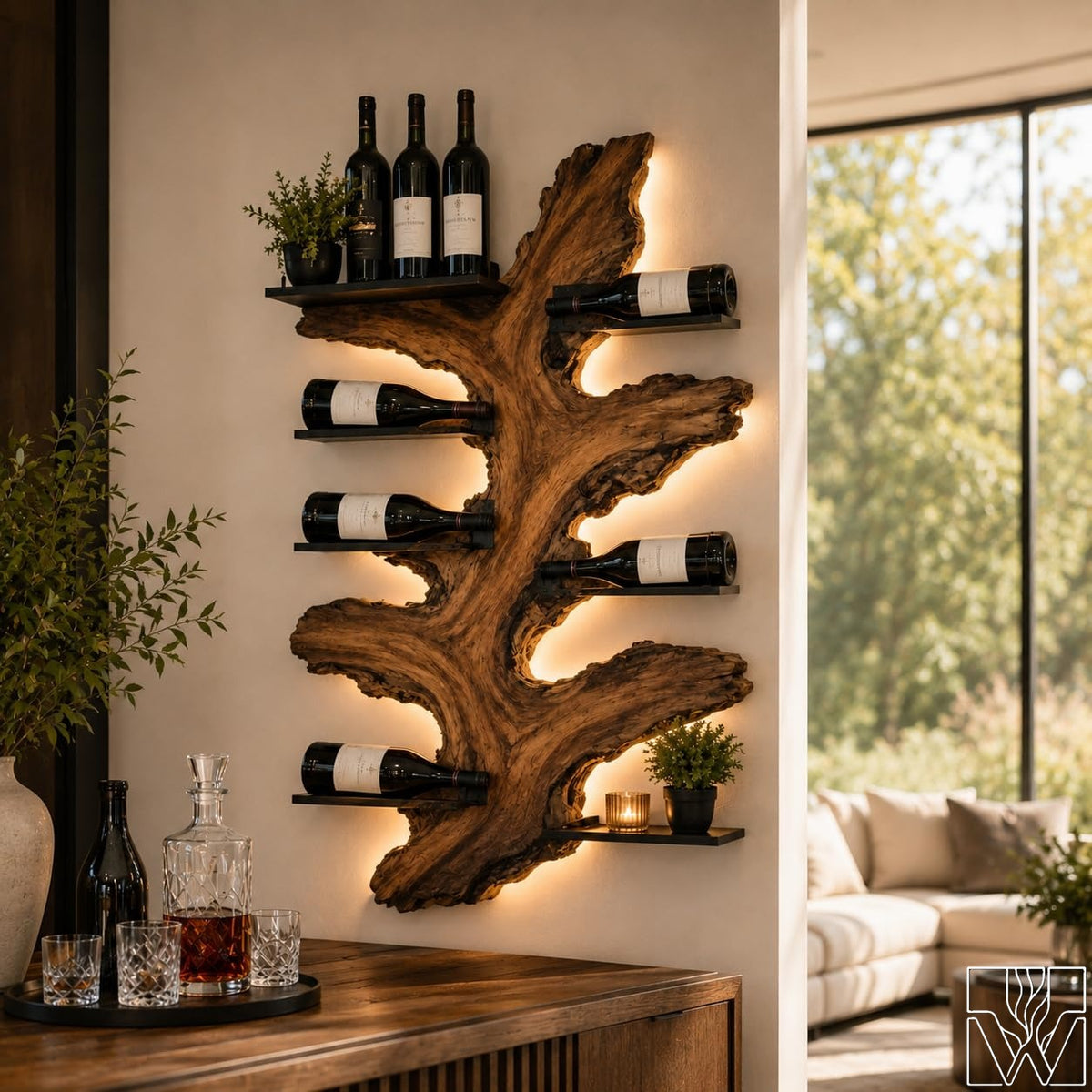 Rustic Solid Wood Tree Wine Rack with Tree Trunk Silhouette