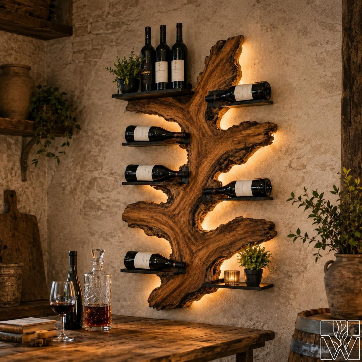 Rustic Solid Wood Tree Wine Rack with Tree Trunk Silhouette