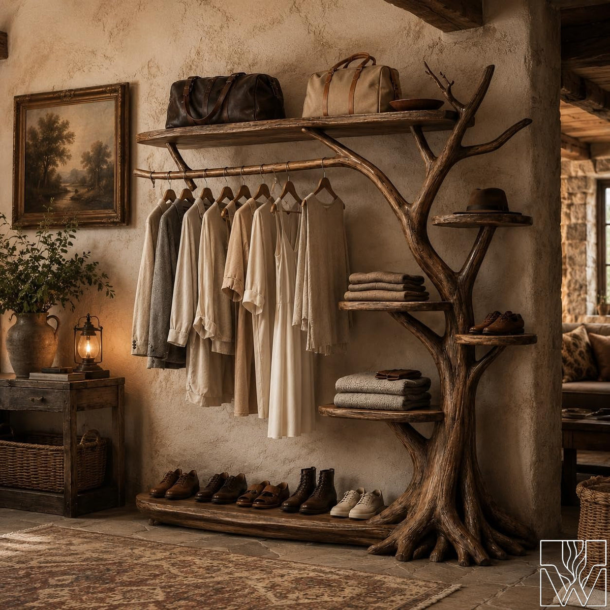 Rustic Coat Rack with Integrated Shoe Shelf Structure