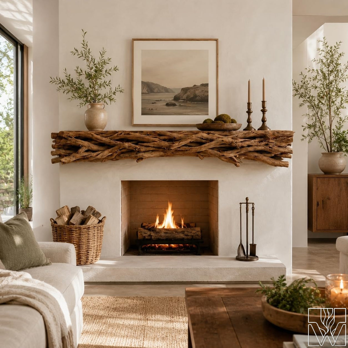 Rustic Solid Wood Fireplace Mantel Shelf with Woven Branch Motif