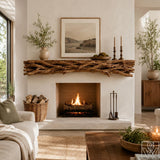 Rustic Solid Wood Fireplace Mantel Shelf with Woven Branch Motif