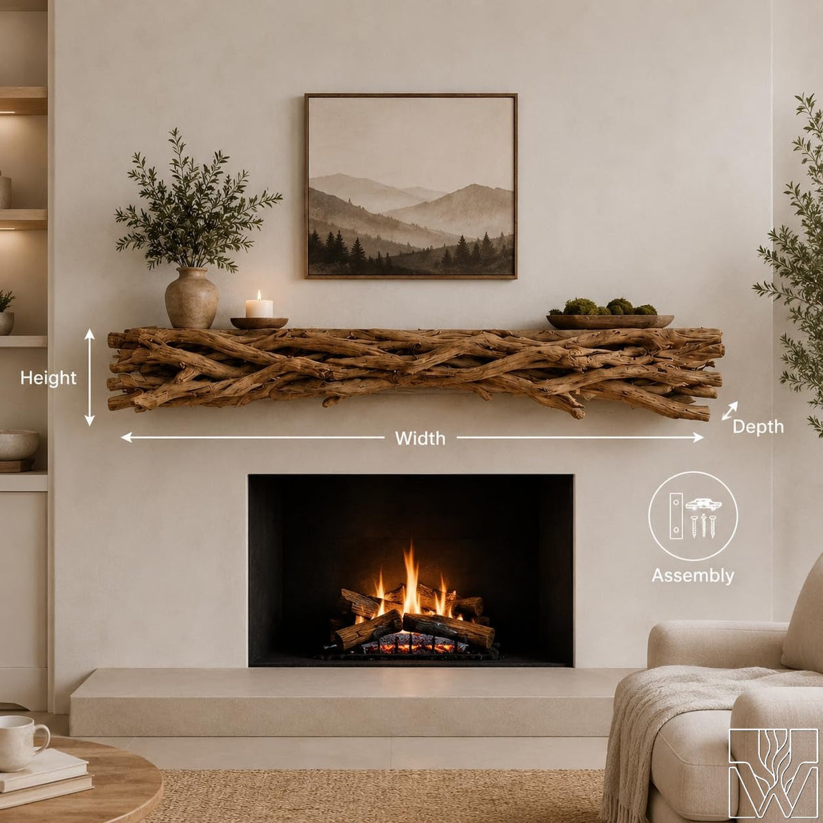 Rustic Solid Wood Fireplace Mantel Shelf with Woven Branch Motif