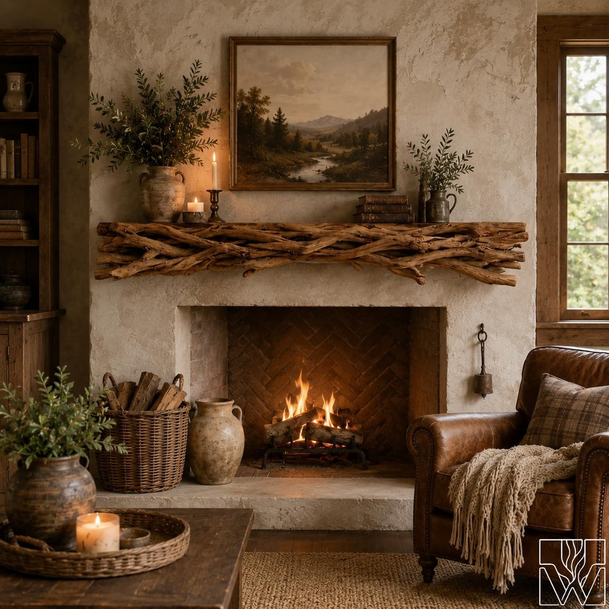 Rustic Solid Wood Fireplace Mantel Shelf with Woven Branch Motif