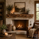 Rustic Solid Wood Fireplace Mantel Shelf with Woven Branch Motif