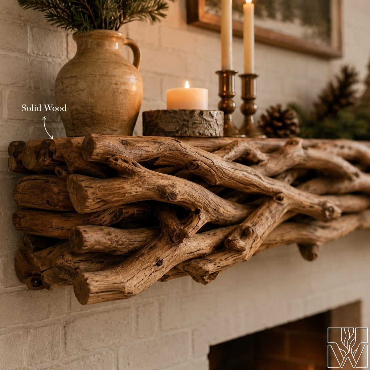 Rustic Solid Wood Fireplace Mantel Shelf with Woven Branch Motif