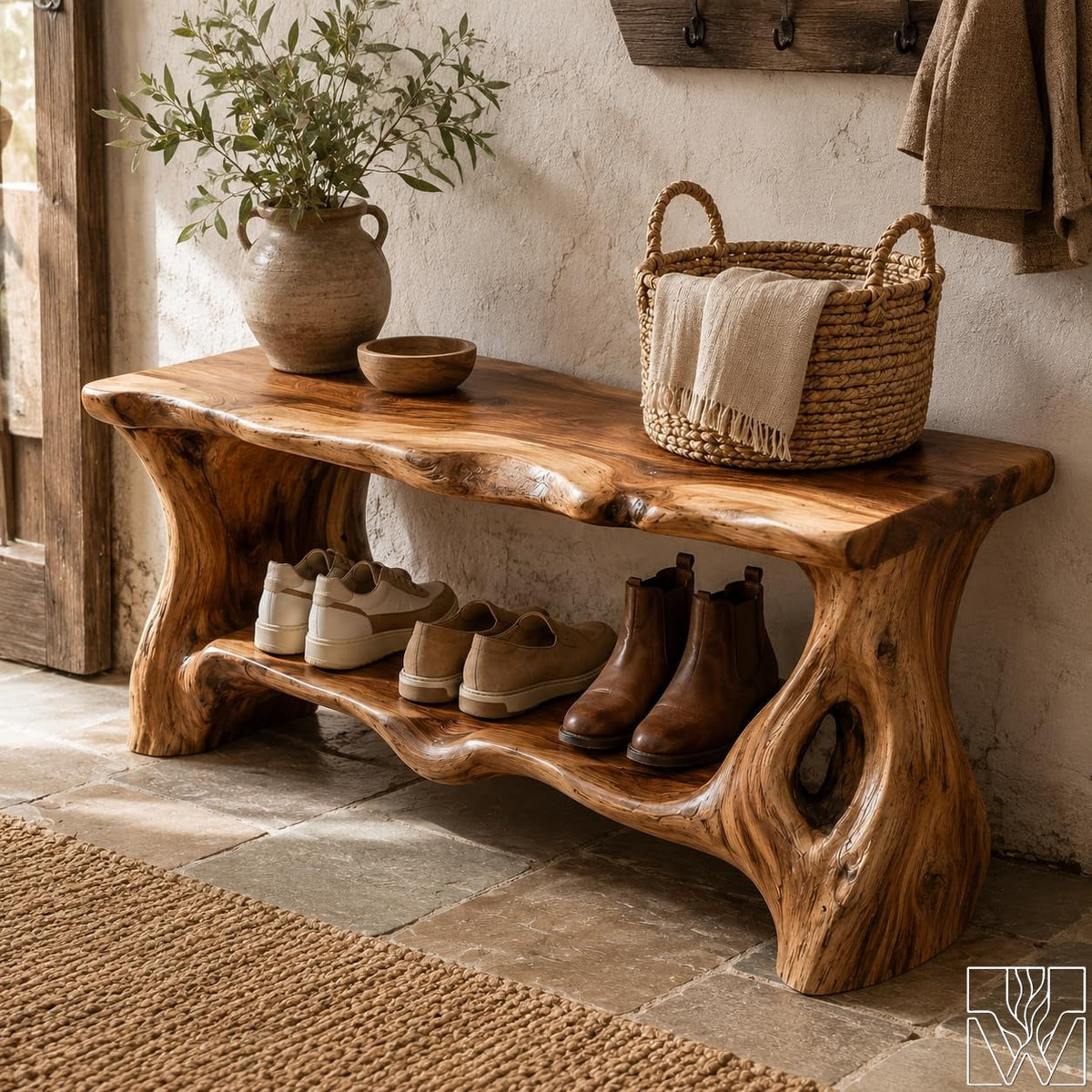 Solid Wood Entryway Shoe Bench Rack, Two Tier Shelf Structure