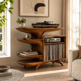 Solid Wood Vinyl Record Storage Cabinet with Flowing Curved Shelves