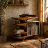 Solid Wood Vinyl Record Storage Cabinet with Flowing Curved Shelves
