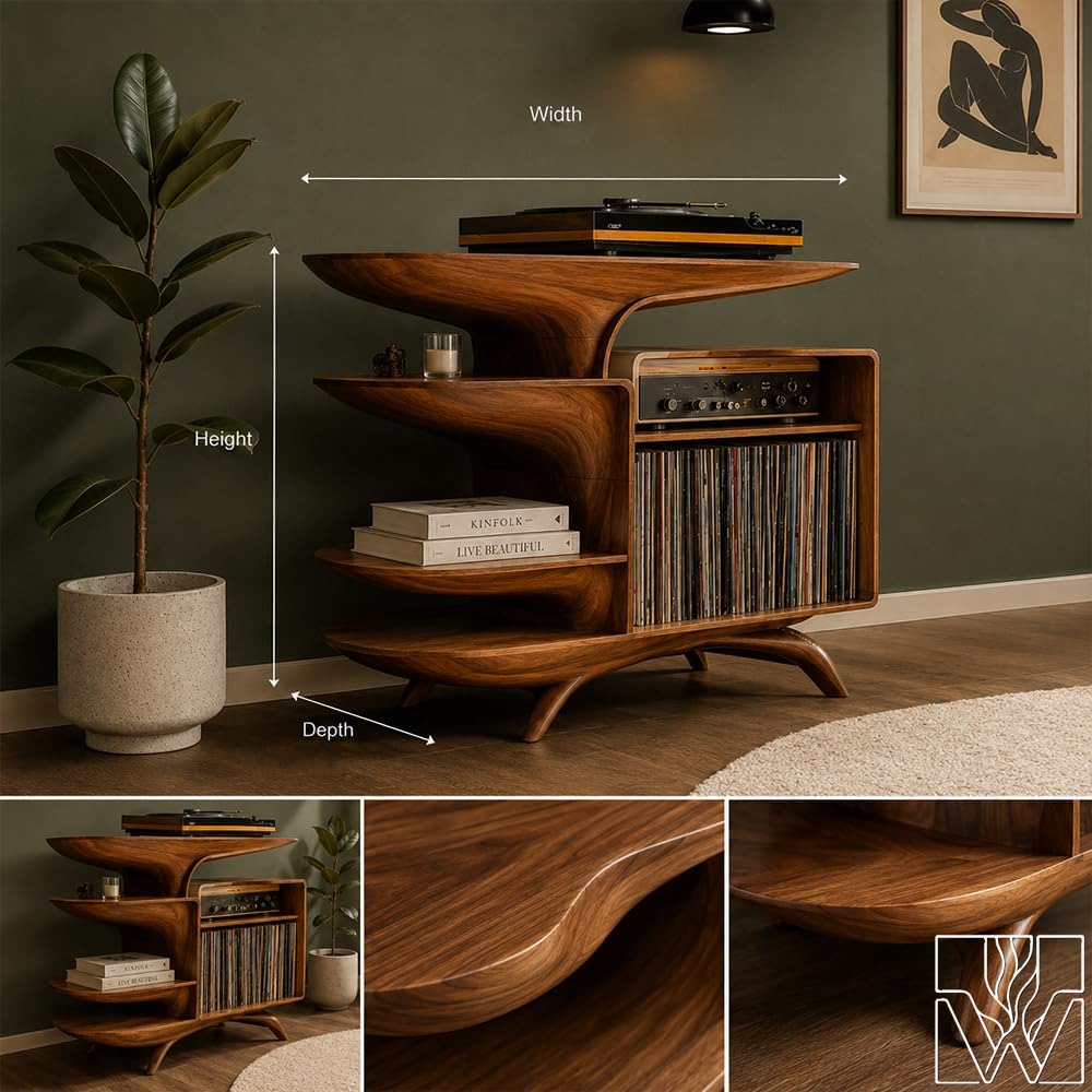 Solid Wood Vinyl Record Storage Cabinet with Flowing Curved Shelves