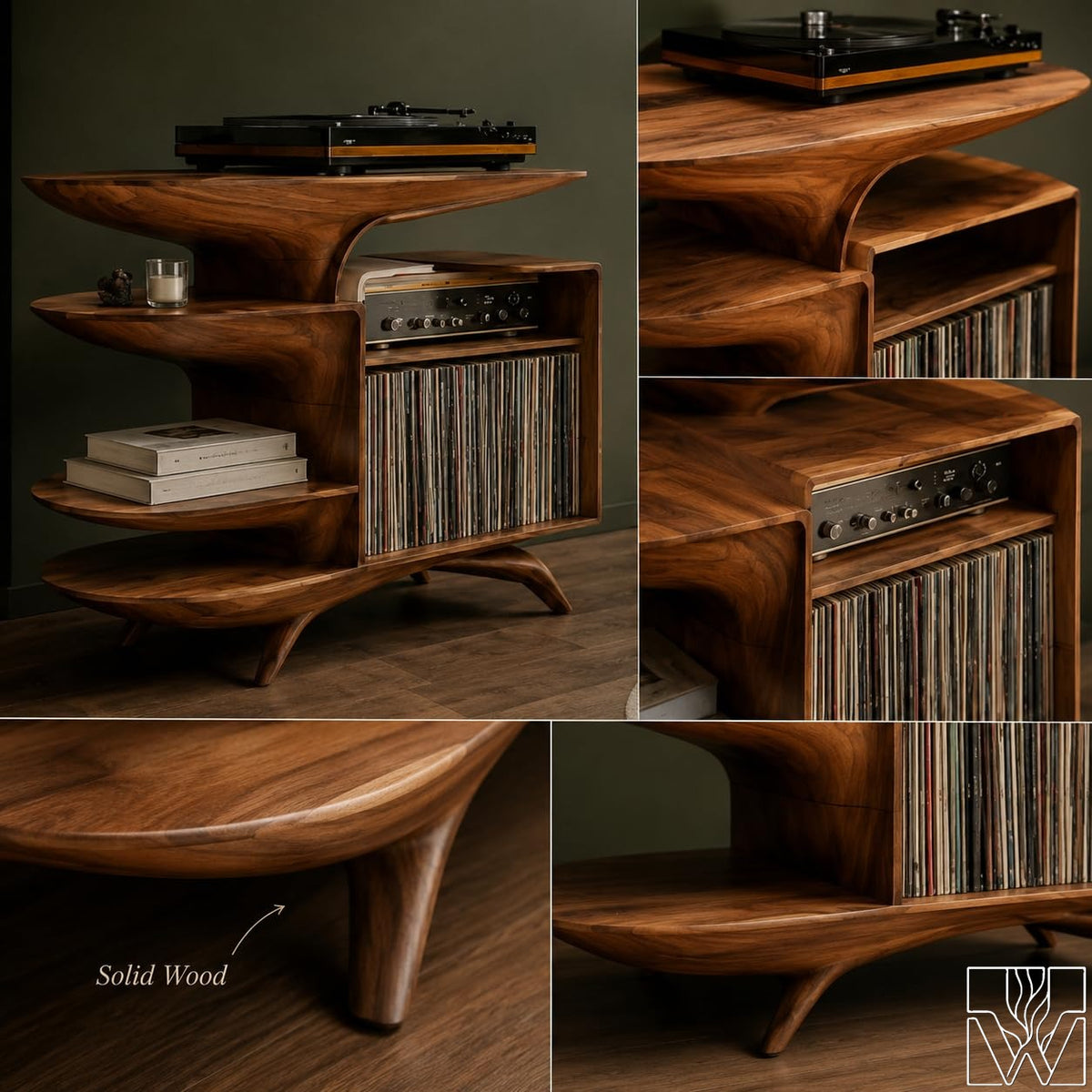 Solid Wood Vinyl Record Storage Cabinet with Flowing Curved Shelves
