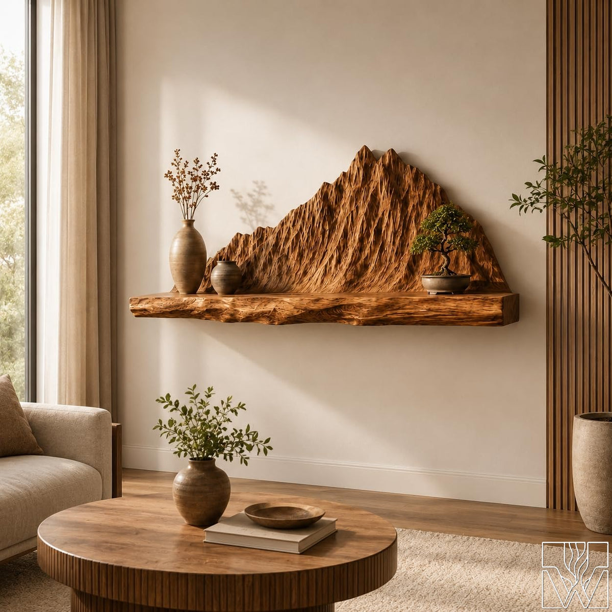 Solid Wood Mountain Sculpture Floating Shelf With Wavy Ledge Contour