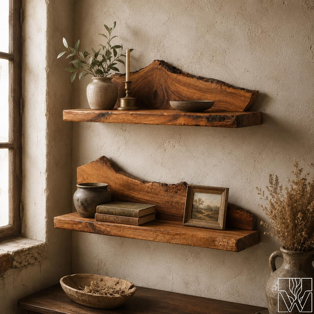 Rustic Live Edge Solid Wood Shelf Horizontal Shelf Platform