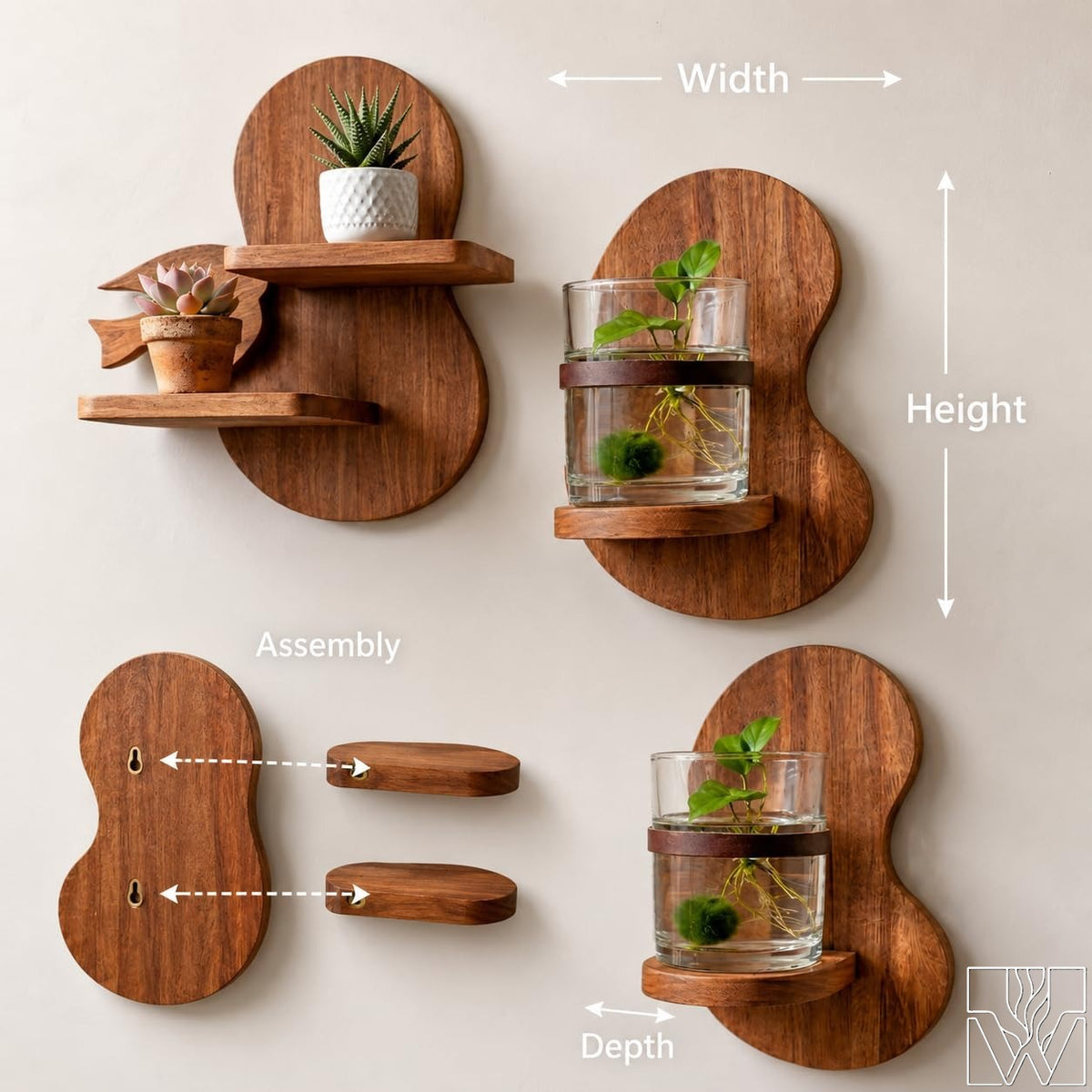 Solid Wood Floating Wall Mounted Shelf for Small Plants