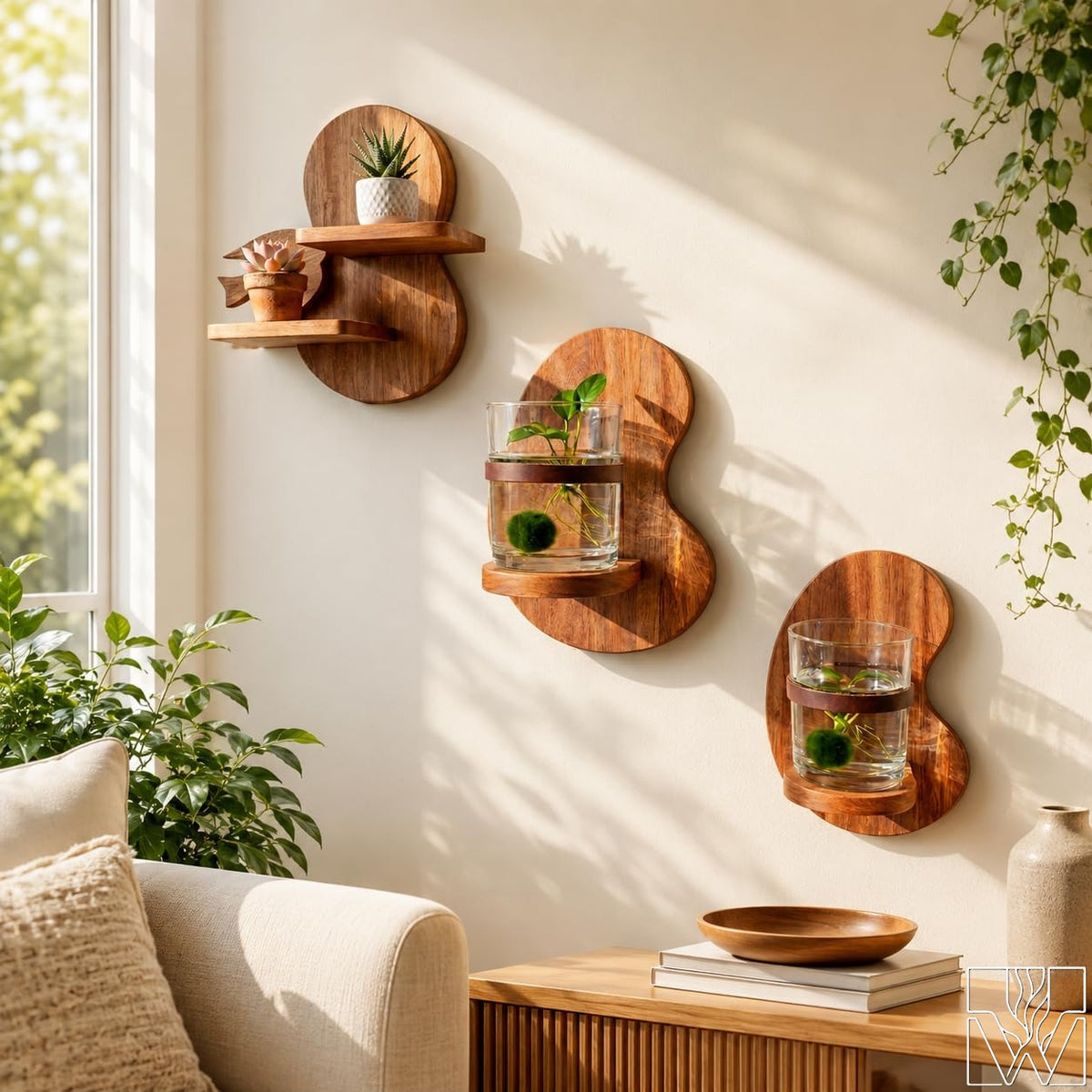 Solid Wood Floating Wall Mounted Shelf for Small Plants