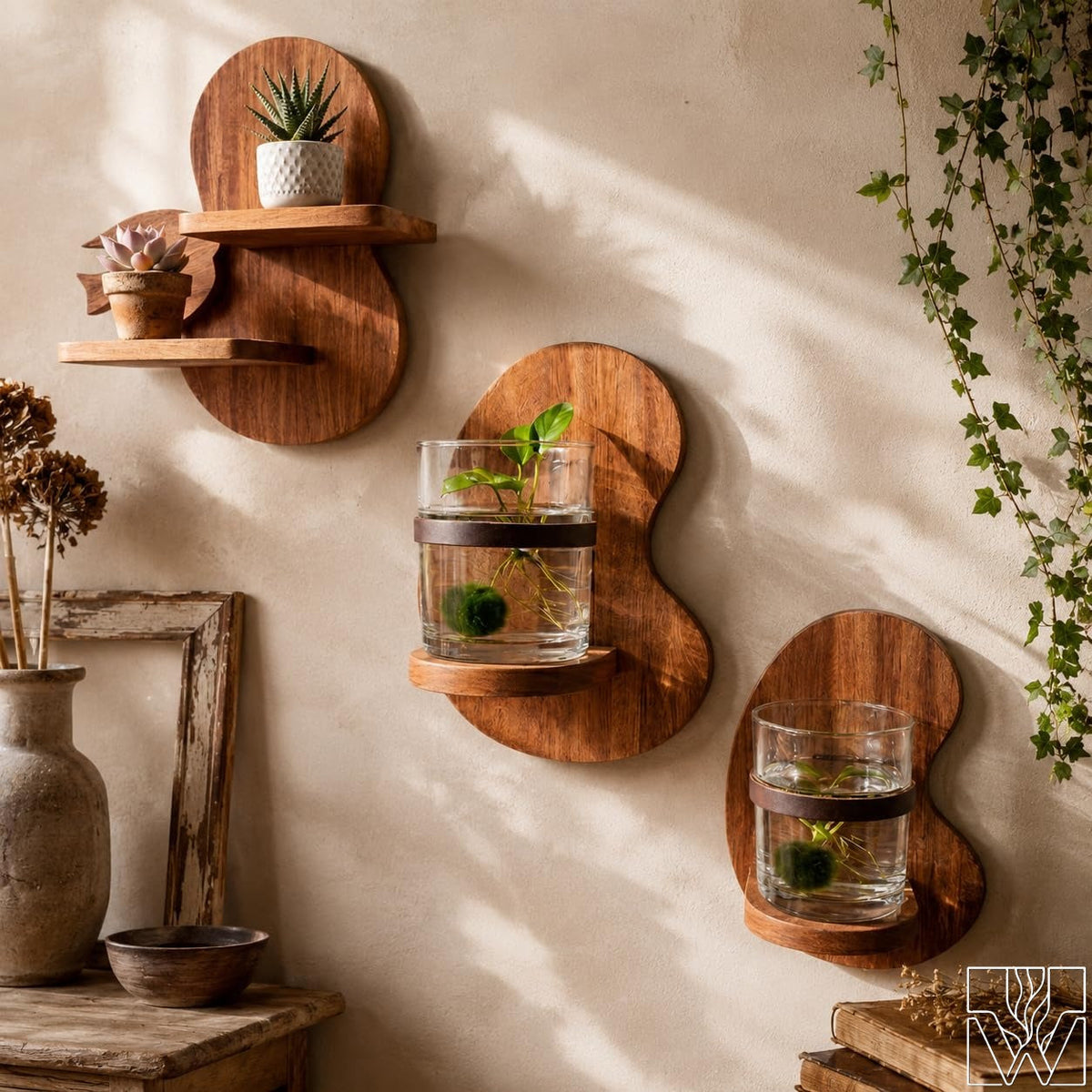 Solid Wood Floating Wall Mounted Shelf for Small Plants