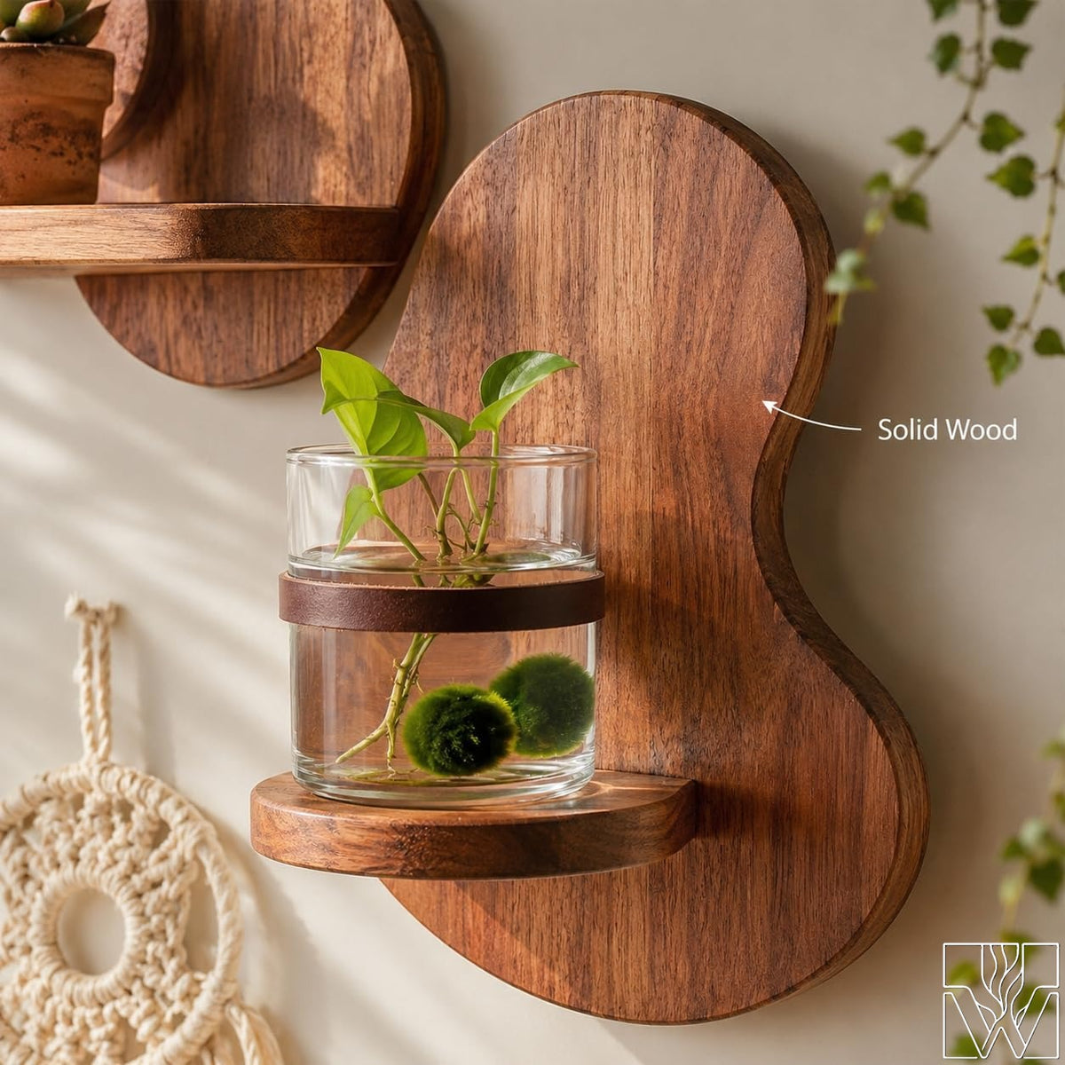 Solid Wood Floating Wall Mounted Shelf for Small Plants