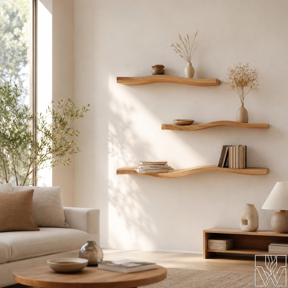 Handmade Wavy Floating Suar Wood Shelf with Undulating Wave Profile
