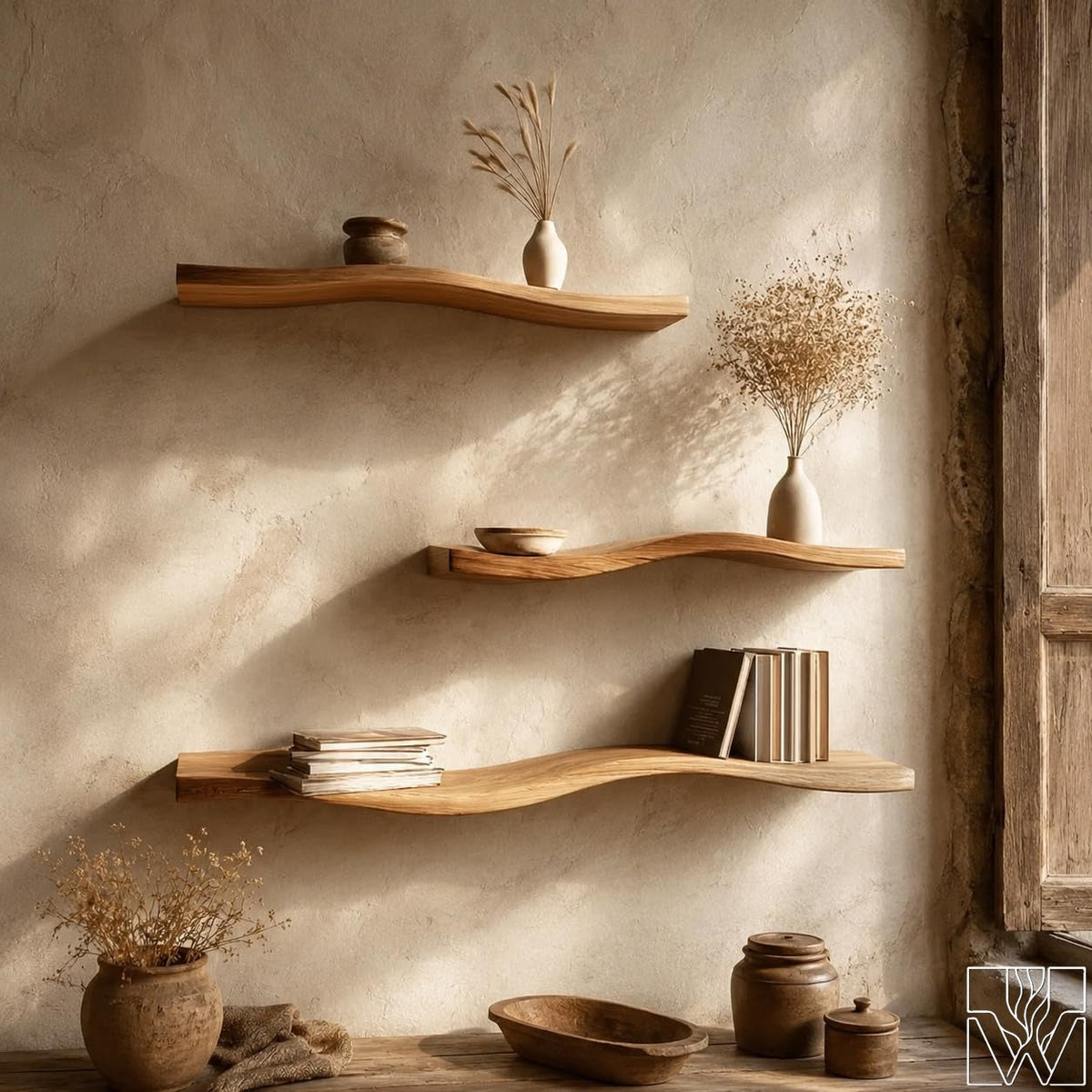 Handmade Wavy Floating Suar Wood Shelf with Undulating Wave Profile