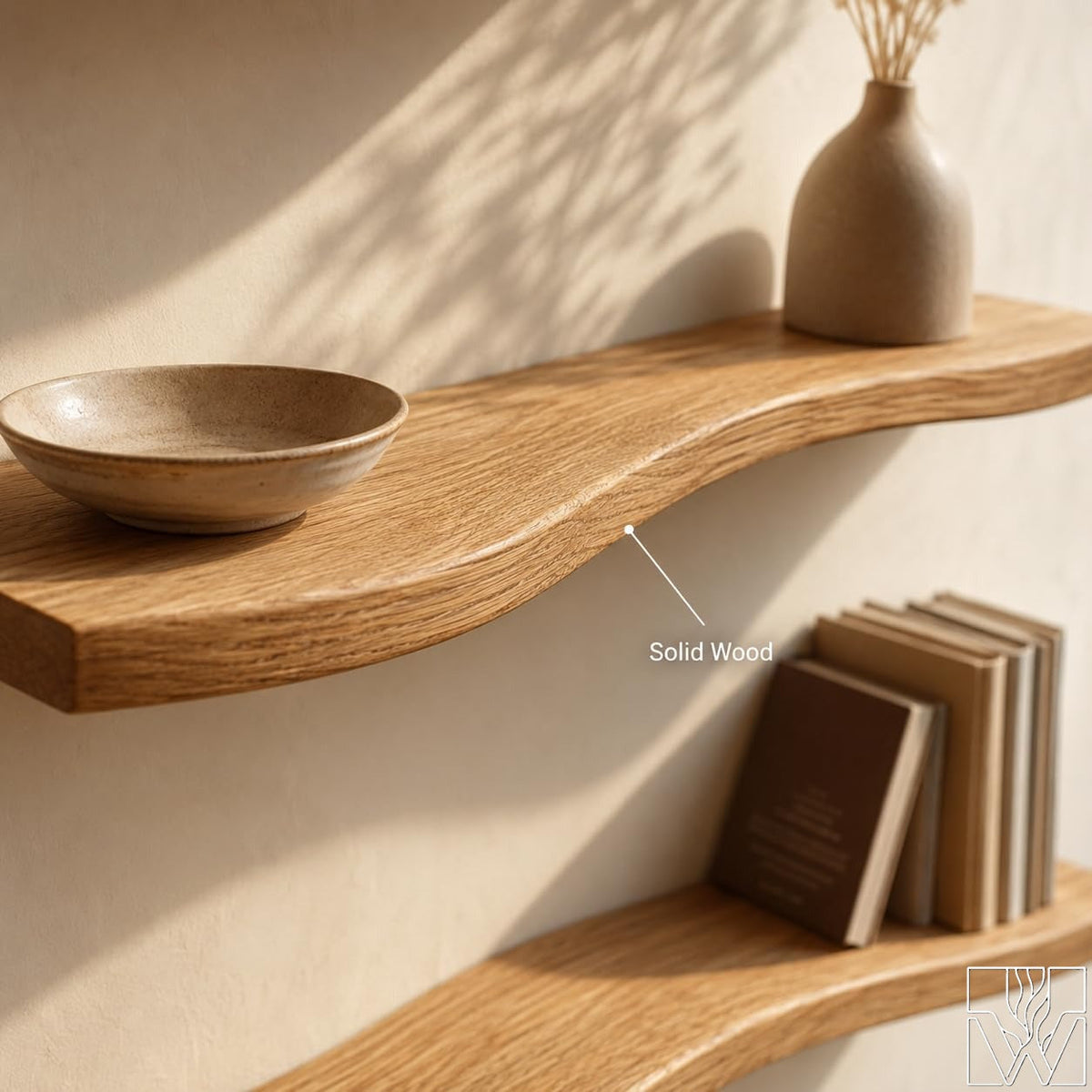 Handmade Wavy Floating Suar Wood Shelf with Undulating Wave Profile