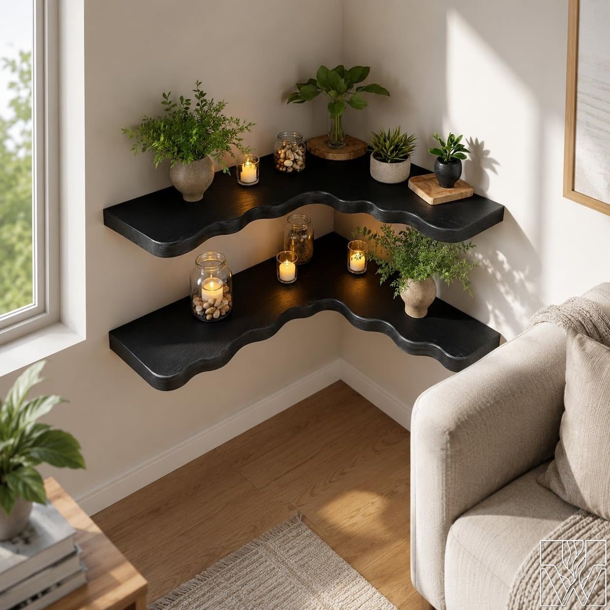 Live Edge Solid Wood Floating Shelf with Organic Curved Front Edge