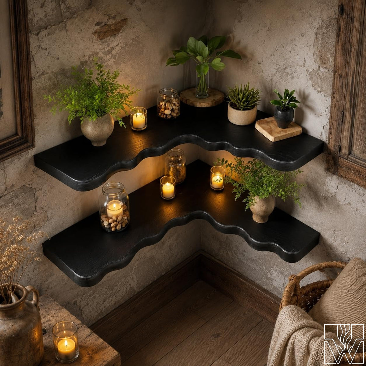 Live Edge Solid Wood Floating Shelf with Organic Curved Front Edge