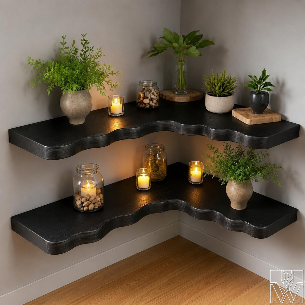 Live Edge Solid Wood Floating Shelf with Organic Curved Front Edge