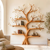 6 Tier Solid Wood Tree Branch Bookcase with Curved Trunk Design