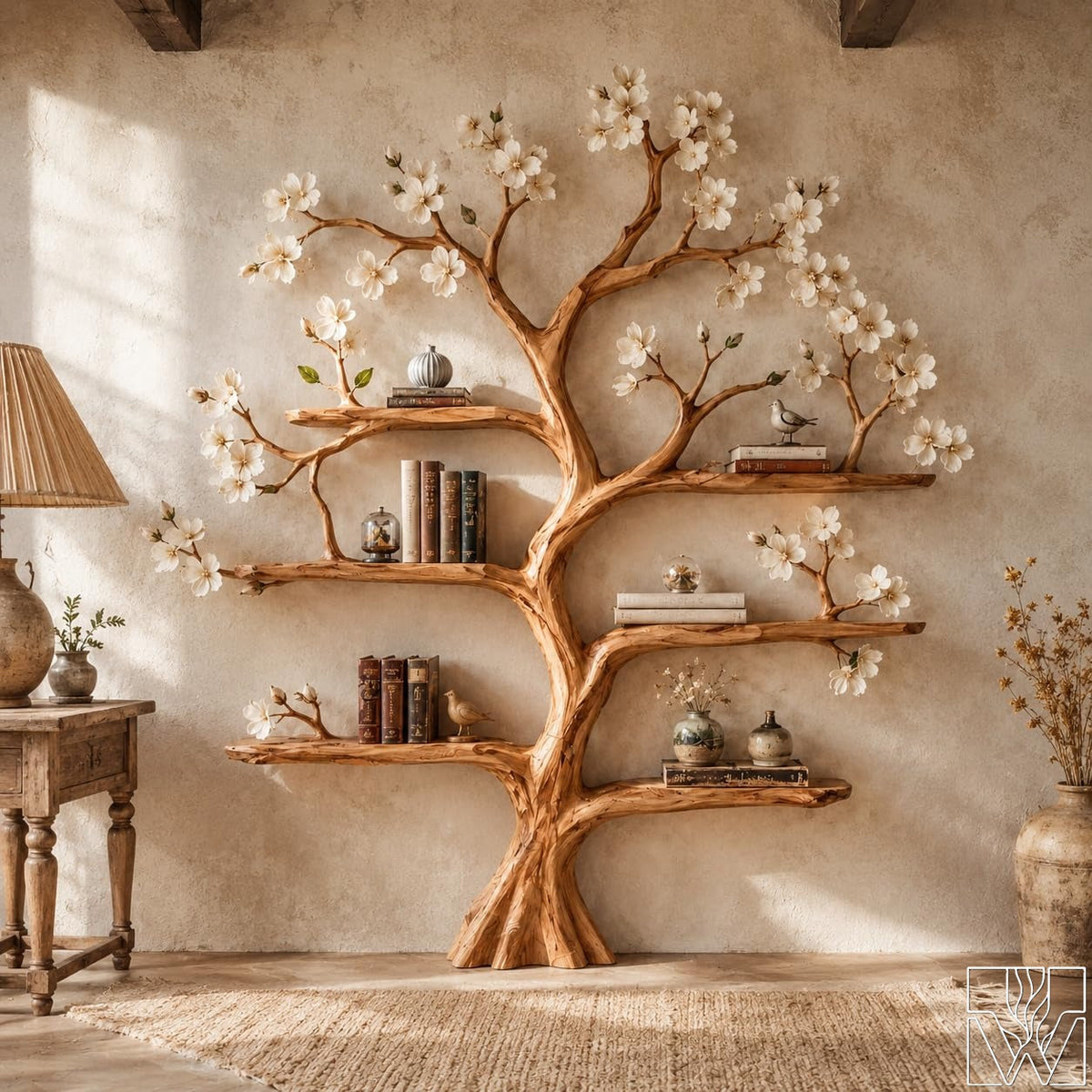 6 Tier Solid Wood Tree Branch Bookcase with Curved Trunk Design