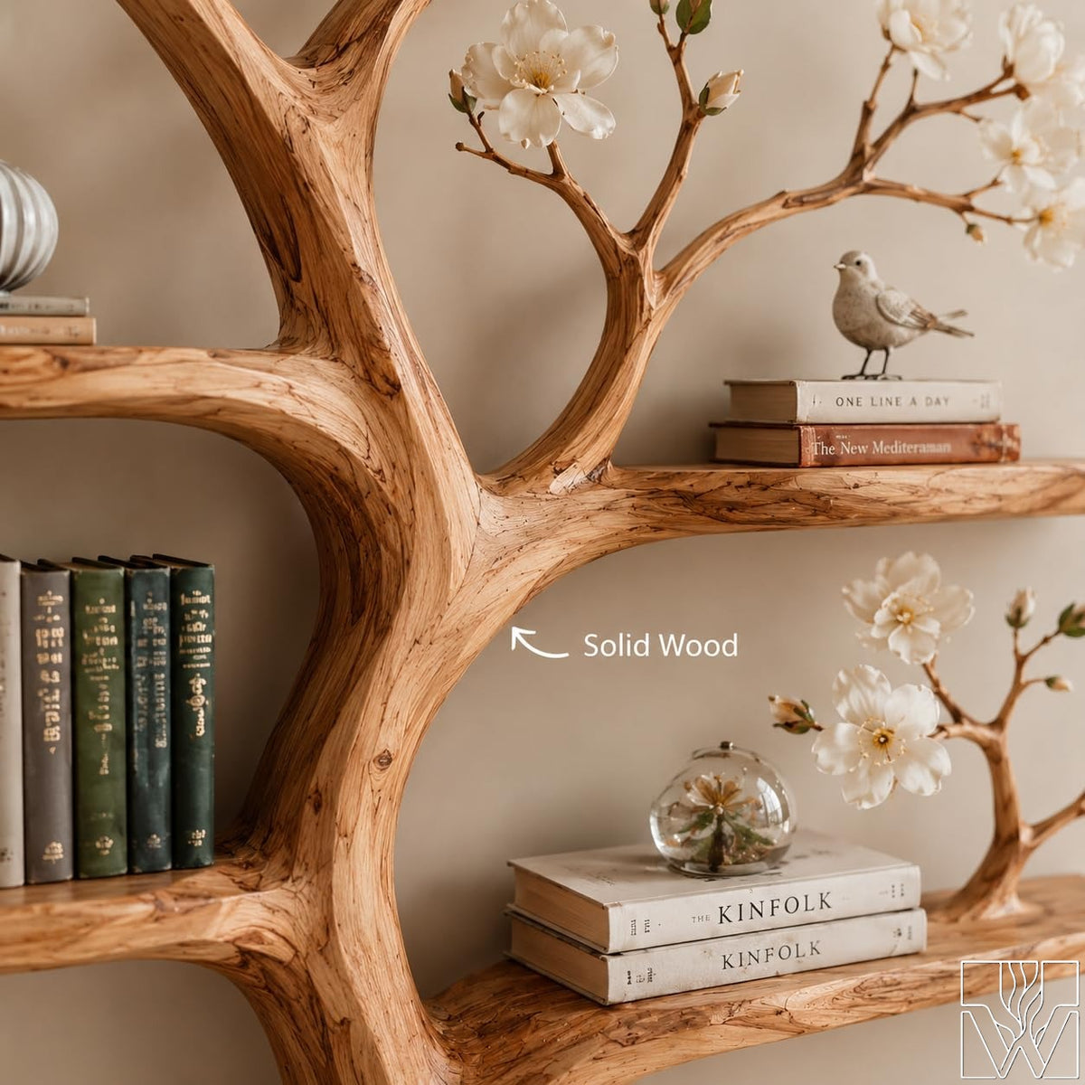 6 Tier Solid Wood Tree Branch Bookcase with Curved Trunk Design