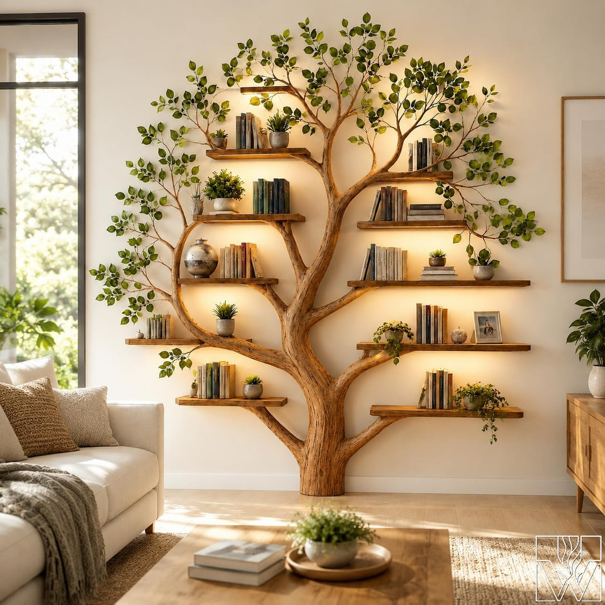 6-Tier Solid Wood Bookshelf with Tree Branch Structure
