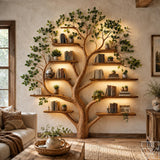 6-Tier Solid Wood Bookshelf with Tree Branch Structure