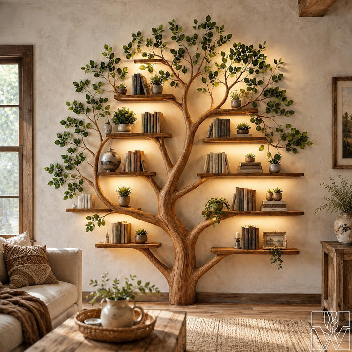6-Tier Solid Wood Bookshelf with Tree Branch Structure