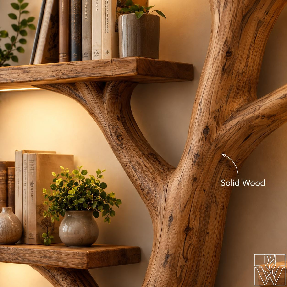 6-Tier Solid Wood Bookshelf with Tree Branch Structure