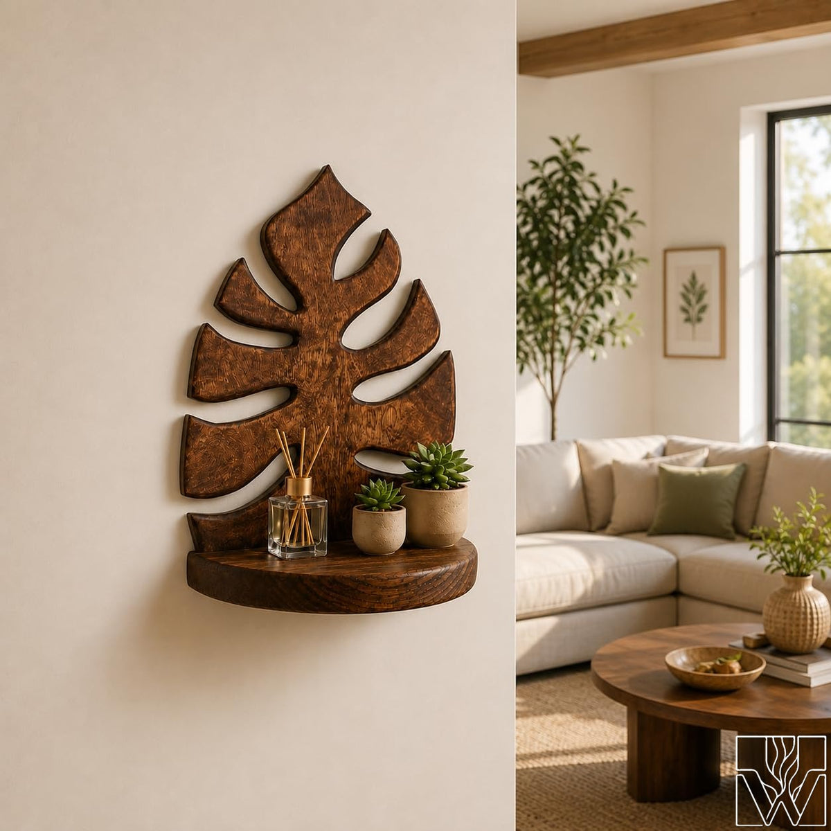 Monstera Leaf Solid Wood Floating Wall Shelf for Botanical Decor