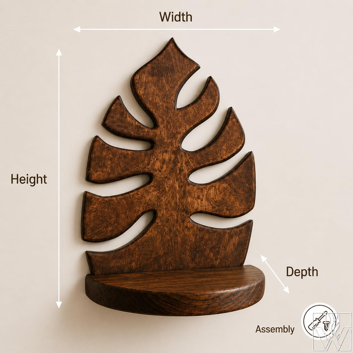 Monstera Leaf Solid Wood Floating Wall Shelf for Botanical Decor