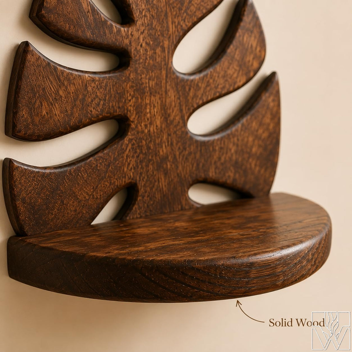 Monstera Leaf Solid Wood Floating Wall Shelf for Botanical Decor