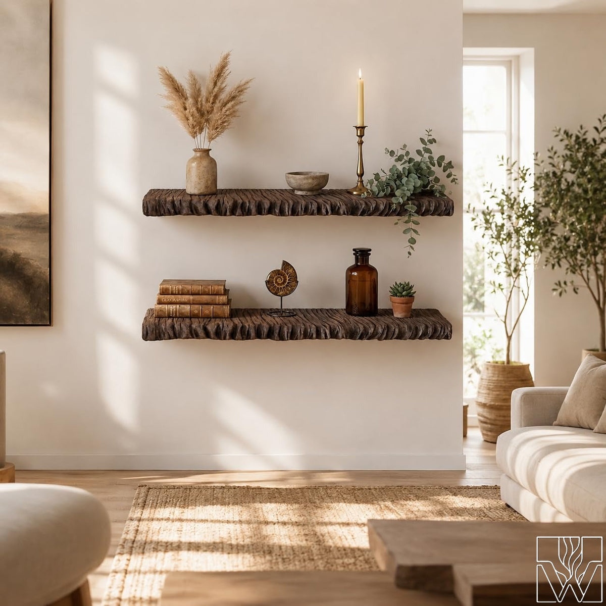 Solid Suar Wood Wall Mounted Shelf with Carved Textured Front Edge