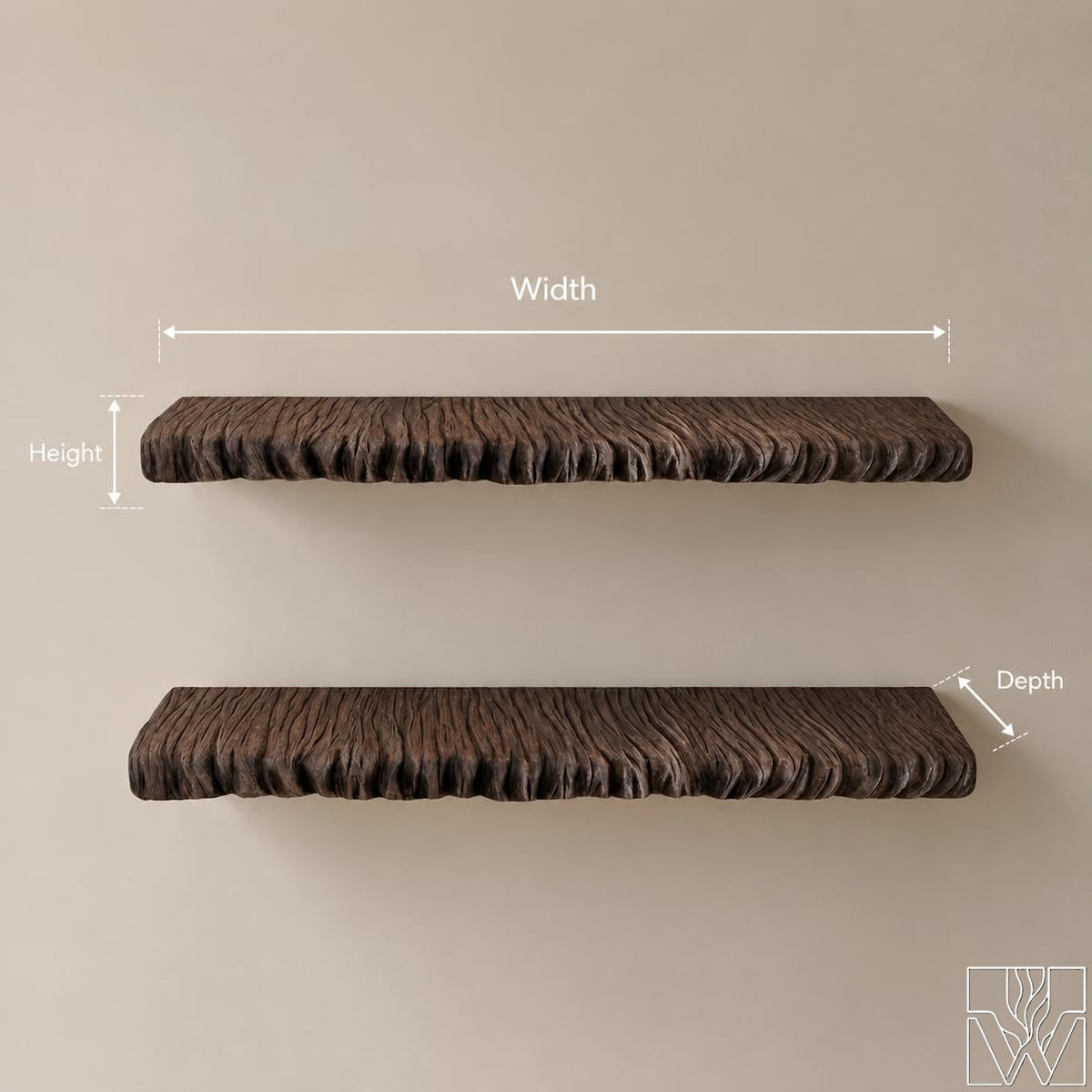 Solid Suar Wood Wall Mounted Shelf with Carved Textured Front Edge