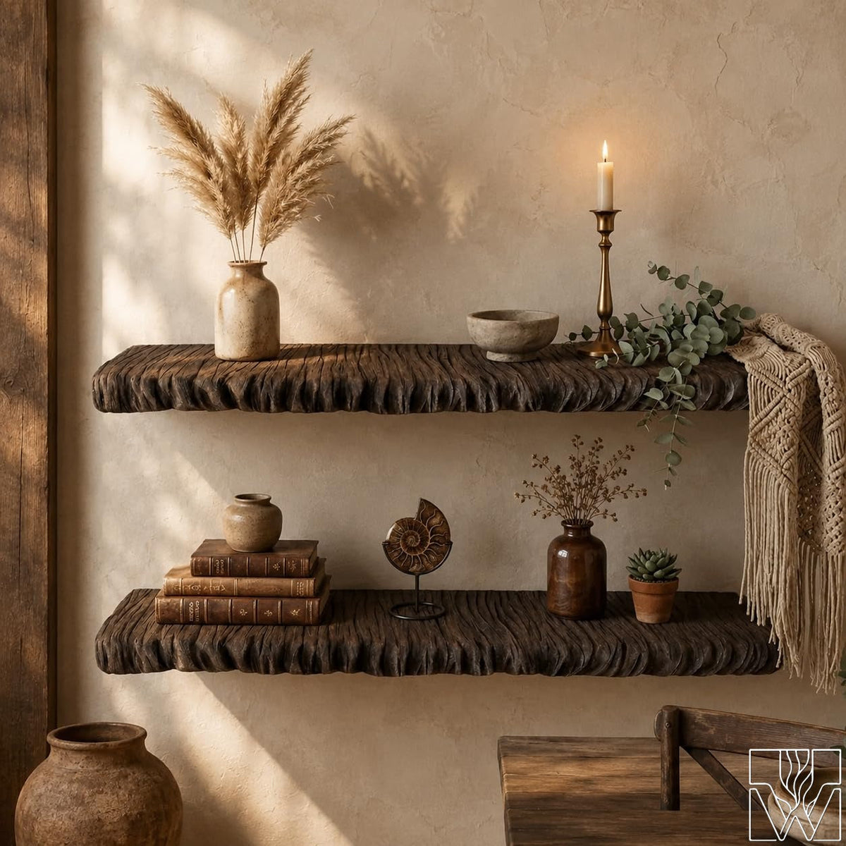 Solid Suar Wood Wall Mounted Shelf with Carved Textured Front Edge