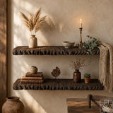 Solid Suar Wood Wall Mounted Shelf with Carved Textured Front Edge