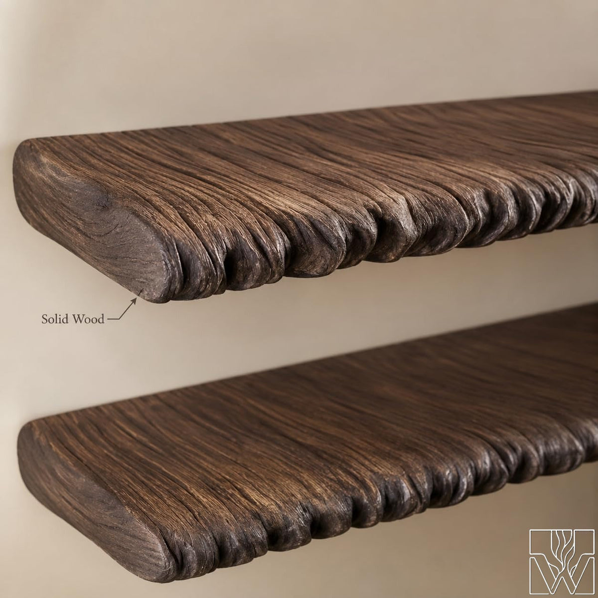 Solid Suar Wood Wall Mounted Shelf with Carved Textured Front Edge