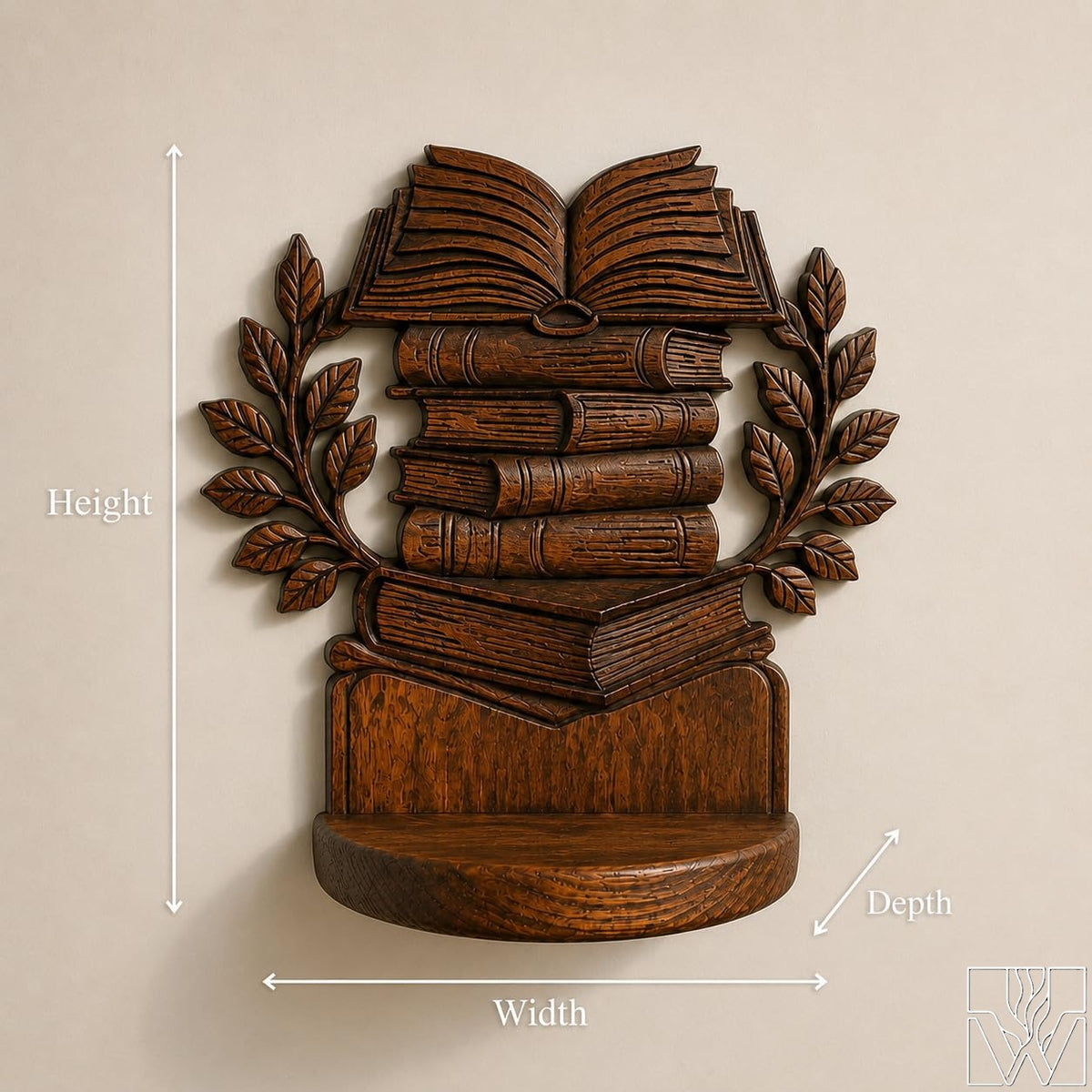 Carved Book Stack Solid Wood Floating Wall Shelf for Reading Nooks