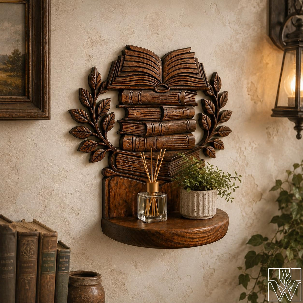 Carved Book Stack Solid Wood Floating Wall Shelf for Reading Nooks