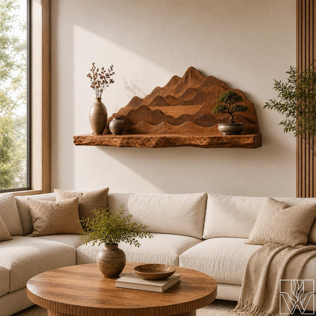 Mountain Sculpture Live Edge Wood Wall Shelf with Fluted Ridge Relief