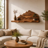 Mountain Sculpture Live Edge Wood Wall Shelf with Fluted Ridge Relief