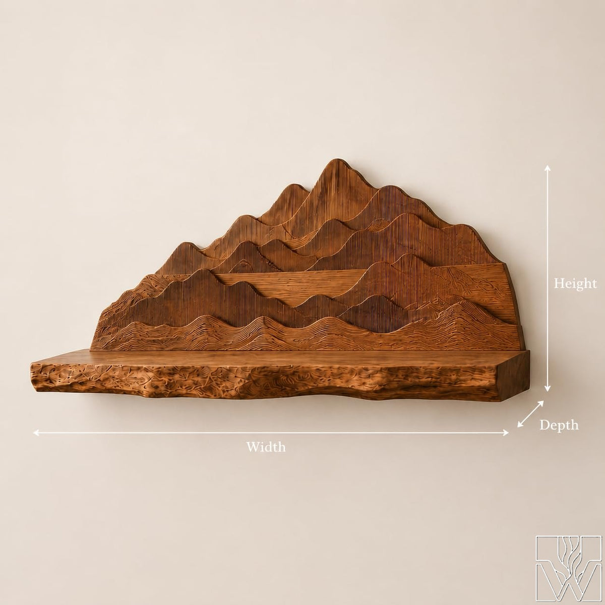Mountain Sculpture Live Edge Wood Wall Shelf with Fluted Ridge Relief
