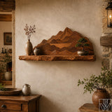 Mountain Sculpture Live Edge Wood Wall Shelf with Fluted Ridge Relief
